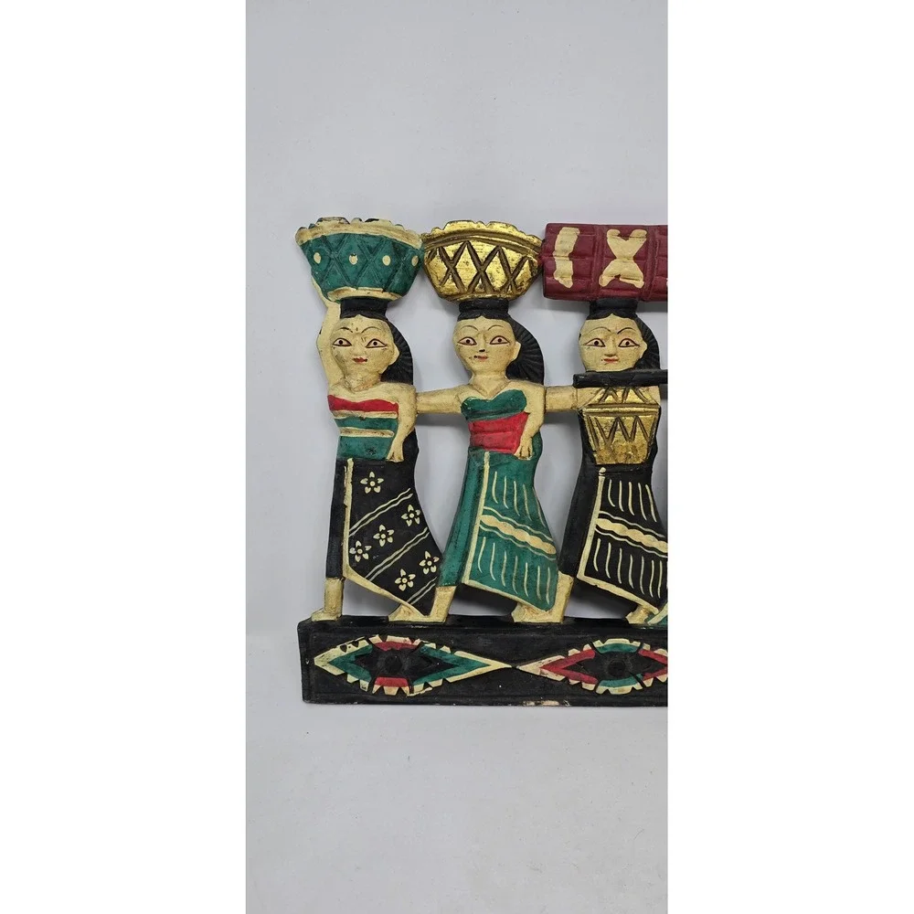 Vtg Balinese hand carved wood wall art procession figures painted gold relief